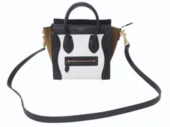 CELINE セリーヌ ハンドバッグ ショルダーバッグ 2way ラゲージナノショッパー カーフ ブラック ホワイト カーキ 美品 中古 4b003461