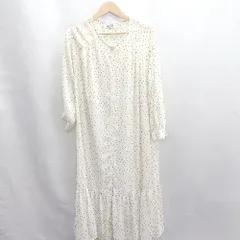 ◇ ⊇ LOWRYS FARM ドット柄 Vネック 長袖 ロング丈 ワンピース サイズＬ オフホワイト ブラック レディース E  【1503050001205】