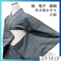 小紋　紬　草木染　絣模様　亀甲　縦縞　着物　072w d