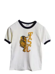 【お得なクーポン配布中!】 70s USA製 チャンピオン カレッジ 染込み プリント リンガー Tシャツ キッズ L 140cm / 古着 ヴィンテージ キャラクター バータグ コットン