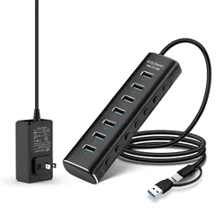 ROSONWAY USBハブ3.0 電源付き 7ポート 2 in 1 ケーブル 付き 24W USB Hub アルミ製 5Gbps高速転送 セルフパワーとバスパワー両用 12V 2A 電源 独立スイッチ付き 1