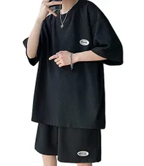 [Poperdision] 夏服 メンズ Tシャツ 半袖 上下 セット 大きいサイズ ゆったり おしゃれ ジャージ 上下 スウェット 服 トップス ハーフパンツ ショート パンツ アップ 無地 快適 スポーツウェア セットアップblack-2XL