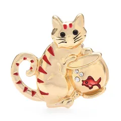金魚鉢 猫 エナメル ブローチ ゴールド かわいい おしゃれ ねこちゃん 動物 アニマル 魚 出目金 開運 幸運 縁起物 カジュアル ギフト 贈り物 新品