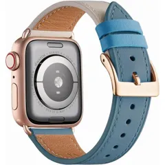 Apple Watch バンド 本革製 レザー (38/40/41mm,ライトブルー・アイボリー/ゴールドバックル)