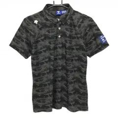 【超美品】デサントゴルフ 半袖ポロシャツ グレー×黒 カモフラ柄 迷彩 ロゴ刺しゅう メンズ M ゴルフウェア DESCENTE