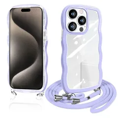 iPhone 15 Pro ケース ショルダー クリア いphone15pro スマホケース カバー アイフォン15 pro 透明 TPU ストラップ付き 肩掛け 首掛け 紐付き 斜めがけ 創意 個性 可愛い かわいい 韓国 薄型 耐衝撃(クローブ 紫)