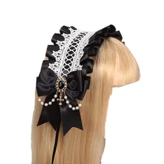 新品 ヘッドドレス ロリータ ゴスロリ カチューシャ かわいい レース リボン チャーム付き ヘアバンド 髪飾り ヘアアクセサリー メイド風 コスプレ パーティー (ブラック)