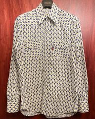 MADE IN ENGLAND製 80s～90s COLIN HARVEY BLUE SPOT 総柄長袖ウエスタンシャツ ホワイト Mサイズ