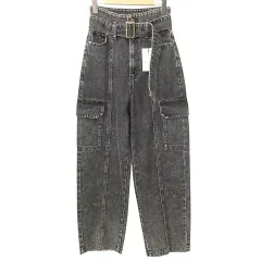 グレイル GRL タグ付き ベルト付き デニム カーゴ パンツ ワイド ストレート USED加工 ハイウエスト M グレー