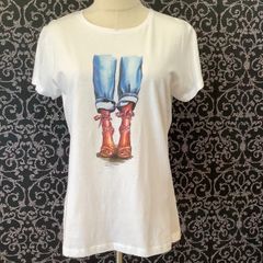 JeLe公式OUTLET【60％OFF】Ｔシャツ　白　デニム柄　リボンサンダル柄　リナシメント　イタリア製　汚れ有り　新品