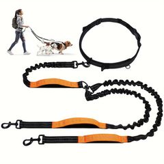 2匹の犬用ハンズフリー犬用リード、パッド入りハンドルと強力なバンジー付き反射ランニング犬用リード、ウォーキング・ジョギング・ハイキング用の調節可能なウエストベルト
