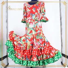 フラメンコ 衣装 トップス ファルダ スカート ブラウス ツーピース セットアップ 赤 緑 ドット 水玉 花柄 光沢 ボランテ フリル レッド系 グリーン系 フラメンコ衣装 セットアップ衣装 華やか 豪華 コスチューム パーティー衣装 ダンス衣装 花柄スカート