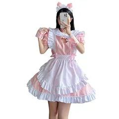2XL_ピンク [YUEEI] メイド服 猫 胸空き レース コスプレ ハロウィン 仮装 ロリータ ワンピース 半袖 可愛い パーティー イベント カチューシャ 演出服 ニーハイソックス付き 5点セット (2XL, ピンク)