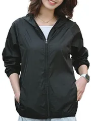 [ブブ オーハナ] ナイロン パーカー シャカシャカ ウインドブレーカー 軽量 フル ジップ アップ ジッパー レディース フード 付き つき 紫外線 UV 対策 防止 ラッシュガード 女性 用 春 夏 秋 冬 服 物 ブラック (L,  [ブラック] [L]