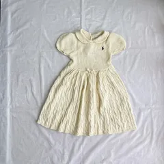 極美品 未着用 RALPH LAUREN ラルフローレン 女の子 子供用 半袖 ニット ワンピース サイズ 24M 85 - 95㎝ ホワイト アイボリー 刺繍 リボン 綿100% 丸襟 パフスリーブ かわいい 発表会 結婚式 セレモニー フォーマル 入園式