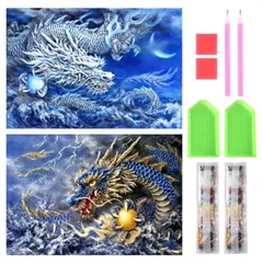 【在庫処分】DIY 子供 大人 手芸キット 初心者 塗装 ダイヤモンドアート ダイヤモンドアート 芸術品 全面貼り付け きれい 2個セット 家の壁の装飾（青龍+白龍） ダイヤモンドの絵画 キット サムコス
