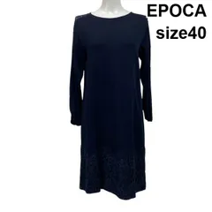 ◆ エポカ EPOCA 裾レース ニットワンピース 膝丈 長袖 刺繍 花モチーフ Iライン ネイビー 40 L 11号 レディース S5V595