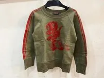 ☆HYSTERIC MINI/ヒステリックミニ ライン入りプリントスウェット size110cm キッズ ボーイズ カーキ×レッド 古着 used☆