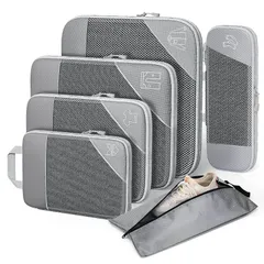 XIAOKUBB 便利旅行圧縮バッグ トラベルポーチ 衣類 整理収納 旅行用圧縮袋 ファスナー 収納袋 圧縮ポーチ 防水素材 メッシュ 多機能 パッキングオーガナイザー スペース約60％節約 (6点セット, グレー)