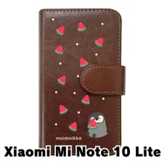【新品未使用】Xiaomi Mi Note 10 Lite シャオミ スマホケース 手帳型 (色：ブラウン×柄：ペンギンとスイカ)moimoikka ペンギン 動物 flip2-minote10l-br-20139