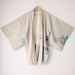 Japanese Vintage Haori Long Beige Shibori Vegetation pattern Silk Kimono Jacket Old-ⅽloth 長羽織 羽織 正絹 ベージュ 総絞り 古布 時代布 一点物 大正浪漫 和洋折衷