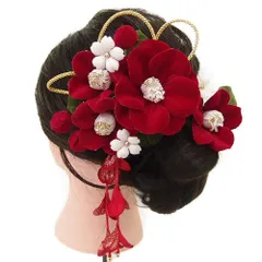 髪飾り 成人式 つまみ細工 赤 振袖 前撮り 袴 花 2点セット 房付き ヘアアクセ 洋かんざし 法被 ヘッドドレス 卒業式 髪型 ヘ No.9-4158