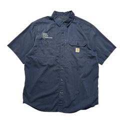 【L】カーハート Carhartt 古着 ワークシャツ 半袖シャツ 企業ロゴ 刺繍 ワンポイント ネイビー ポリコットン