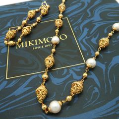 MIKIMOTO パール ネックレス ブレスレット セット K18 YG イエローゴールド 真珠 美品 ミキモト 箱付 ◆送料込◆質屋-9500