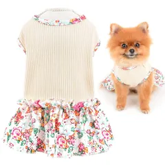 新品 SMALLLEE_LUCKY_STORE 犬服 小型犬 春夏 ニット花柄 ワンピース お姫様 簡単着脱 女の子猫服 洋服ベージュS