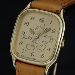 稼働 良品 ディズニー ミッキーマウス アルバ セイコー Y131-5400 QZ ゴールド文字盤 スクエア メンズ/レディース腕時計 OSW 2000000 NSK