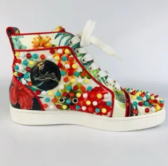美品★クリスチャンルブタン・Christian Louboutin レディース レザー切替 マルチカラースパイク ボタニカル柄 ハイカットスニーカー(34.5)イタリア製 レディーススニーカー ブランド カジュアル 靴