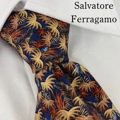 《美品》Salvatore Ferragamo(サルヴァトーレ・フェラガモ) シルクネクタイ イタリー製 総柄 ボタニカル 紺 ベージュ 水色