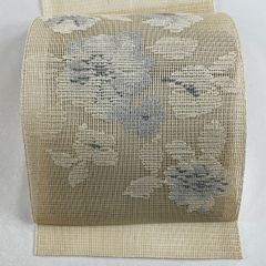 名古屋帯 秀品 夏帯 羅織 松葉仕立て 八寸名古屋帯 草花 ベージュ 麻 【中古】