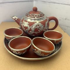激レア】中国茶器 セット ピンク×シルバー 龍レリーフ 急須/茶杯 