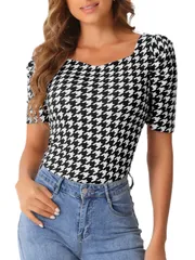 Allegra K 千鳥格子 ワークブラウス レディース パフ 半袖 スクエアネック カジュアル ブラウス トップス ブラック M