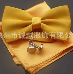 蝶ネクタイ カフス チーフ 3点セット　結婚式　発表会 パーティー イベント ダンスパーティー バーテンダー ビジネス 　イエロー色　黄色　ユニセックス　ワンタッチ ワイシャツ スーツ 格安 小物 メンズネクタイ ポケットチーフ カフスボタン 3点 セット