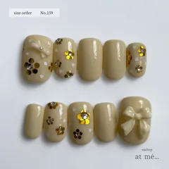 【sizeorder】No.159 アイボリーネイル オーダー リボン お花 ホロ 春ネイル