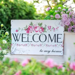 ブリキ看板 F001 ウェルカムボード バラ 薔薇 パネル ボード ガーデニング 壁掛け 花 フワラー 植物 レトロ プレート インテリア おしゃれ 玄関 庭 デザインプレート ブリキプレート 薄型 軽量 アンティーク カフェ アクセント 装飾 アクセント