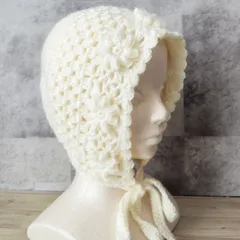 ボンネット　ニット帽　クロシェハット　耳当て付き　手編み　モチーフ編み　透かし編み　ニットフード　バラクラバ　白