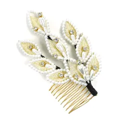 髪飾り コーム型 ラインストーン パール ゴールド 白 キラキラ ラメ リーフ 葉 小さい かんざし かわいい 粋 日本製 おしゃれ No.9-3391