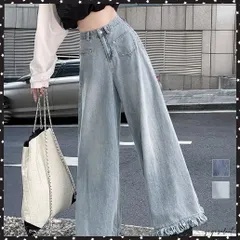 ワイドデニムパンツ 裾フリンジ ジーパン レディース ハイウエストロングパンツ 体形カバー 美脚脚長ボトムス 韓国風ジーンズ カジュアル レトロデニムバギーパンツ 脚長ジーパン着やせ ストレート デニム ゆったり 高見え