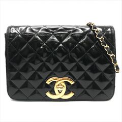 良品 CHANEL シャネル ココマーク マトラッセ カーフ エナメル フルフラップ チェーン ショルダー バッグ ブラック レディース dc4