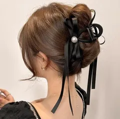 【訳アリ】ロングリボン ヘアクリップ パール ブラック レディース ヘアアクセサリー 上品 大人可愛い 韓国風 きれいめ フェミニン 髪留め まとめ髪 ハーフアップ お呼ばれ 結婚式 二次会 パーティー デート 普段使い セレモニー 高見え 華やか 人気