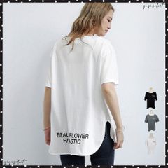 ロングtシャツ レディース 韓国 ロゴT英字ロゴカットソー サイドスリット 体型カバー ゆったりトップス 半袖プルオーバー ビッグシルエット おしゃれ 夏服カジュアル服着やせ ドロップショルダー プリントtシャツ白
