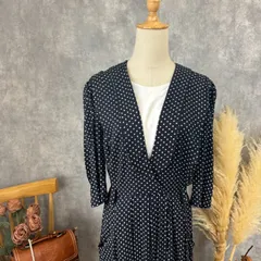 【USA製 Periwinkle】レーヨン100% ドット柄ワンピース 七分袖 ポケット付き ウエスト切替 バックファスナー ヴィンテージドレス