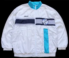 90s adidasアディダス トレフォイル ロゴ刺繍 パッチ付き ナイロンジャケット 白 L★ビンテージ ワッペン マルチカラー ビッグサイズ