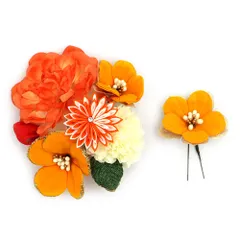 髪飾り 成人式 つまみ細工 振袖 前撮り 袴 2点セット 花 橙 オレンジ 黄 オフホワイト ゴールド ちりめん 剣つまみ ラインスト No.12-0729