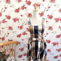 ブラウンチェック柄  ジャンパースカート ミニ丈 ウールライク素材  下履きタイプ  レトロ可愛いジャンスカ