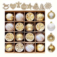 【迅速発送】wemitas クリスマスツリー オーナメント デザイン ボール 6㎝ 白 ゴールド 16個 大容量 飾り 北欧 木製 8種類 14枚 セット (ホワイトゴールド)