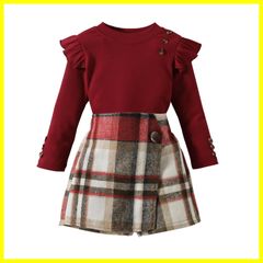 【早い者勝ち】お洒落 可愛い セット 90-130cm スカート トップス ベビー服 上下セット キュロットスカート チェック柄 プルオーバー ニット 長袖 セットアップ 女の子 子供服 [Miipat]
